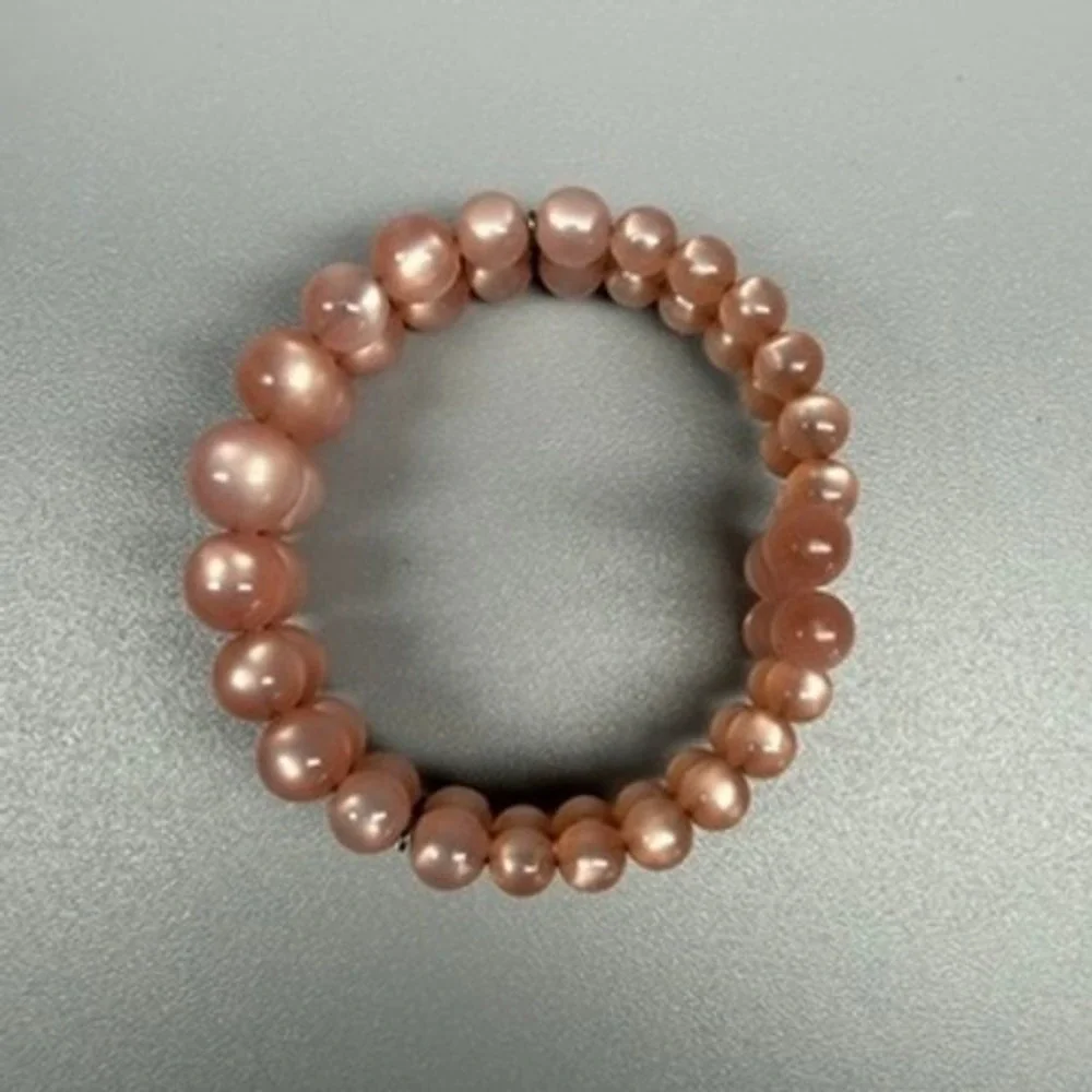 Vintage Moonglow Bracelet Pastel Pink Lucite Bead Double Row Memory Wire  6.5